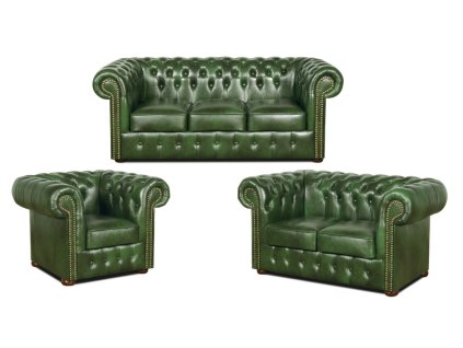 Luxusní zelená kožená sedací souprava Chesterfield Classic 3+2+1