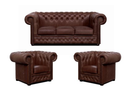 Elegantní hnědá kožená sedací souprava Chesterfield Lord 3+1+1