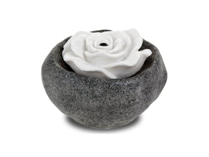 Fontána s LED osvětlením - polyresin, černá, dekor kámen a bílá růže (Barva Černá)