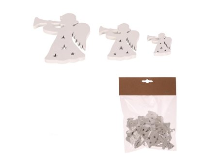 Anděl - dřevo, mix 3 vel., bílá b., cena za balení (18 ks) (Barva Bílá)