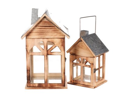 Lucerna dřevěná - tvar domku, cena za sadu 2 ks (Barva Přírodní)