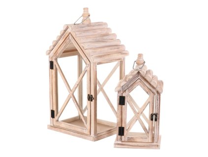 Lucerna dřevěná - tvar domku, cena za sadu 2 ks (Barva Přírodní)