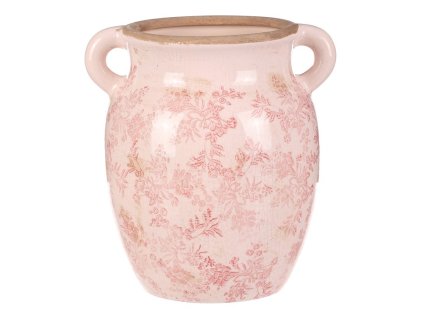 Váza keramická - retro styl, tvar amfory, růžové květy (Barva Růžová)