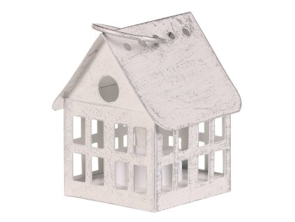 Lucerna mini - kovová, LED svíčka, tvar domku, bílá (Barva Bílá)