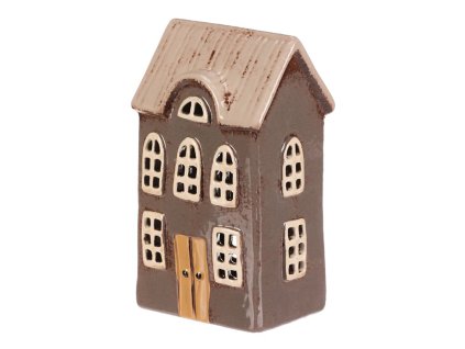 Domeček keramický - patrový, na čajovou svíčku, šedý (Barva Šedá)