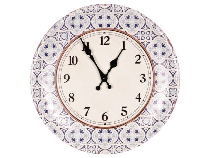 Hodiny nástěnné - pr. 35 cm, kovové, modro-bílé ornamenty (Barva Modrá)
