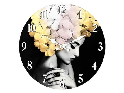 Hodiny nástěnné - pr. 34 cm, MDF, žena s chryzantémami (Barva Vícebarevná)
