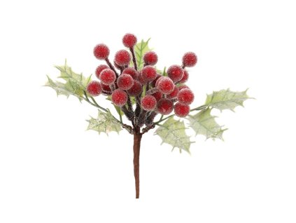 Bobule červené - umělý trs s lístky, ojíněný (Barva Červená)