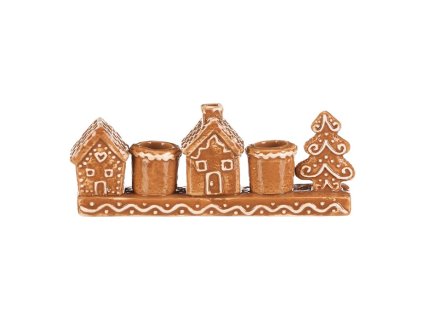 Svícen perníkový - keramika, na 2 kónické svíčky, domky a stromek (Barva Hnědá)