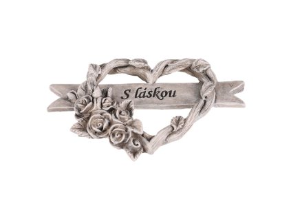 Srdce s růžemi a stuhou - pietní, polyresin, šedá (Barva Šedá)