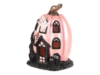 Domeček dýňový - polyresin, pro Halloween, LED osvětlení (Barva Růžová)