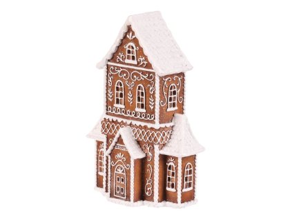 Domeček perníkový - polyresin, LED osvětl., hnědý s bílým zdobením (Barva Hnědá)