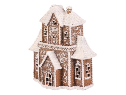 Domeček perníkový - polyresin, LED osvětl., hnědý s bílým zdobením (Barva Hnědá)