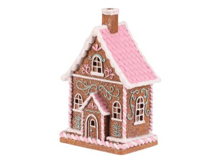 Domeček perníkový - polyresin, LED osvětl., hnědý s barevným zdobením (Barva Hnědá)