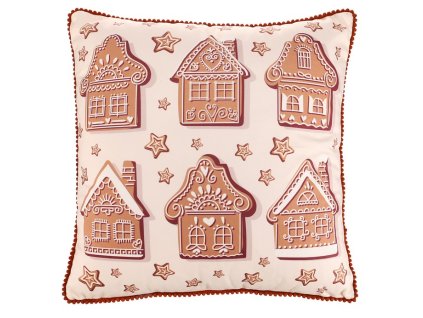 Polštář - motiv s domky, sametový, 45 x 45 cm (Barva Béžová)