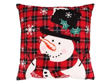 Polštář s výplní - se sněhulákem, sametový, 45 x 45 cm (Barva Červená)