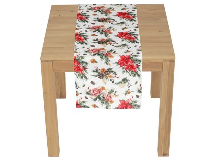 Běhoun - vánoční květy a jehličí, 100% polyester, 40 x 150 cm (Barva Červená)