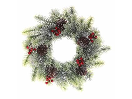 Věnec umělý - pr. 34 cm, jehličí, červené bobule a šišky (Barva Zelená)