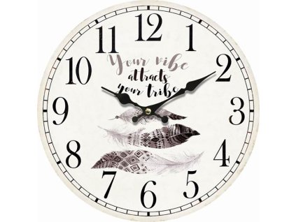 Hodiny nástěnné - pr. 34 cm, MDF, bílé s motivem peří (Barva Bílá)