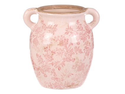 Váza keramická - retro styl, tvar amfory, růžové květy (Barva Růžová)