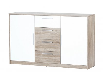 Moderní komoda 2D4S MILO v dubu sonoma s bílými dvířky, 145x90x38 cm