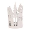 Svícen kovový, tvar domků se stromky - sklo uvnitř, barva bílá (Barva Bílá)