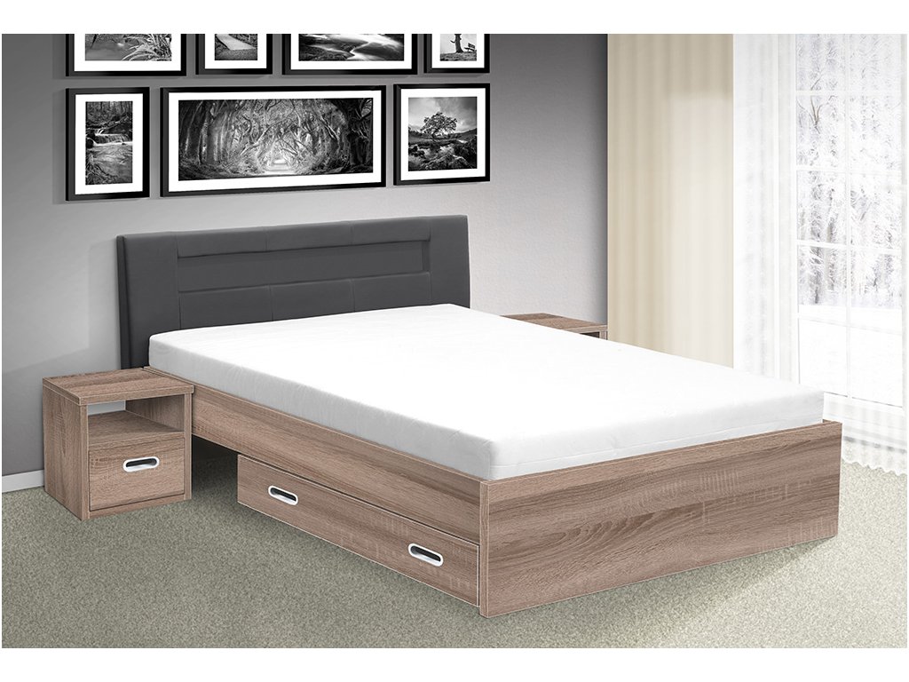 Kvalitní dřevěná postel s úložným prostorem a LED osvětlením Meadow 140x200 cm dub sonoma tmavý