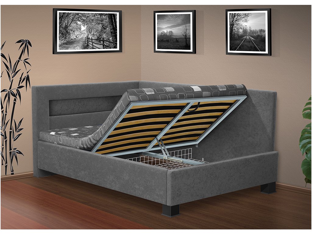 Úložný prostor u moderní postele Mia Robin 120x200 cm v šedé barvě s LED diodovým světlem