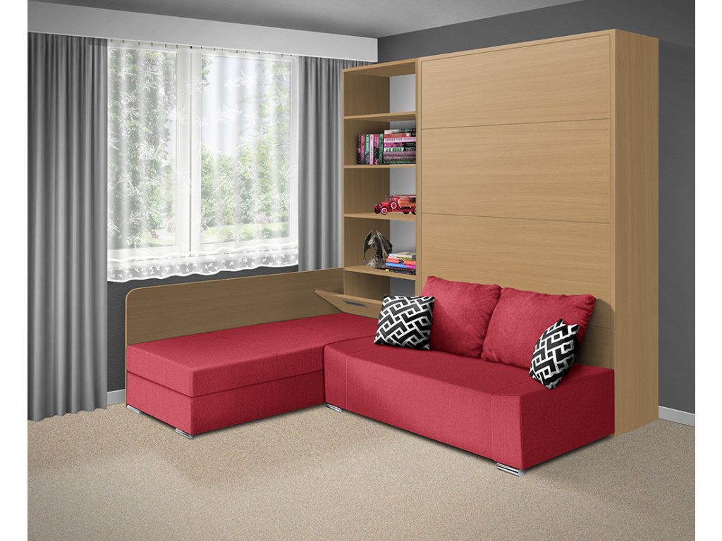 Výklopná postel VS 21066 s rohovou sedačkou buk sedačka červená