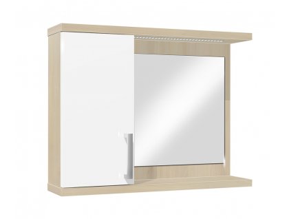 Závěsná koupelnová skříňka se zrcadlem, poličkou a LED osvětlením K 10 levá š. 70 cm akát bílá