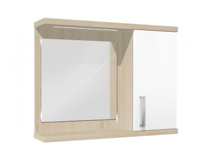 Závěsná koupelnová skříňka se zrcadlem, poličkou a LED osvětlením K 10 pravá š. 70 cm akát bílá