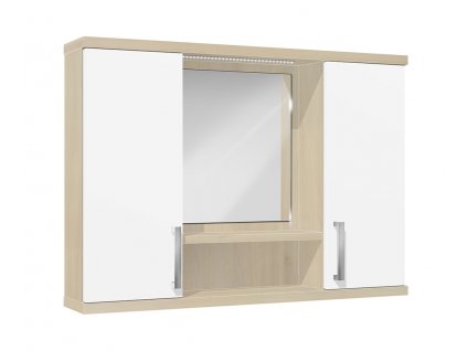 Závěsná koupelnová skříňka se zrcadlem, poličkou a LED osvětlením K11 š. 90 cm akát bílá