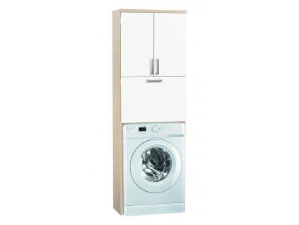 Vysoká koupelnová skříňka nad pračku s policemi a výklopným košem K21 š. 60 cm akát bílá