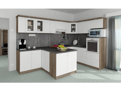 Kuchyńská linka Bára D v dekoru dub sonoma tmyvý s bílými dvířky