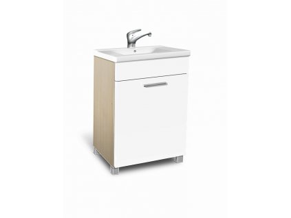 Koupelnová skříňka s umyvadlem, vodovodní baterií a košem na prádlo K27 š. 60 cm akát bílá