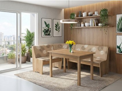 Rohová lavice s úložným prostorem a stolem dub wotan béžová