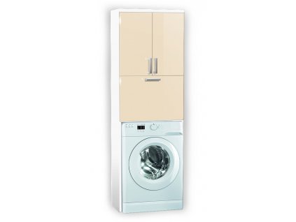 Vysoká koupelnová skříňka nad pračku s policemi a výklopným košem K21 š. 60 cm bílá jasmín lesk