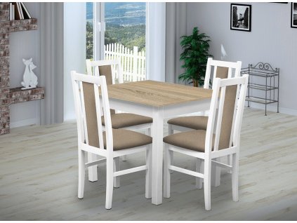 Jídelní set pro 4 osoby se stolem 90x90 cm a židlemi v dekoru bílá/deska dub sonoma, židle béžové