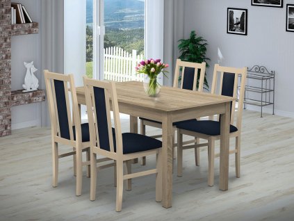 Jídelní set pro 4 osoby se stolem 140x90 cm a židlemi v dekoru dub sonoma, židle tm. modrá