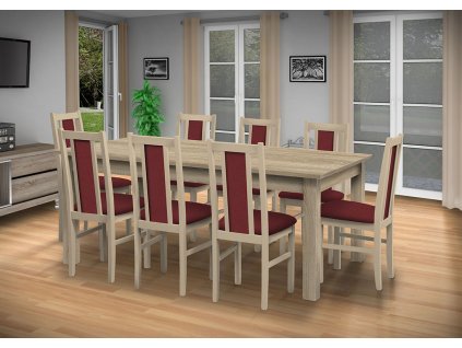 Jídelní set Brooklyn pro 8 lidí se židlemi a stolem 190x115 cm v dekoru dub sonoma/bordó