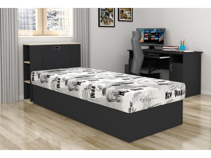 Postel Radana 90x200 s odkládacím prostorem a peřináčem v barevné kombinaci antracit, police akát a Mega 46 New York
