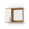 Závěsná koupelnová skříňka se zrcadlem, poličkou a LED osvětlením K 10 levá š. 70 cm v dekoru dub wotan s bílými lesklými dveřmi