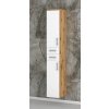 Vysoká koupelnová skříňka se zásuvkami a dvířky K14 š. 30 cm v dekoru dub wotan s bílými dvířky