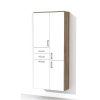 Vysoká, závěsná koupelnová skříňka K39 s košem na prádlo v dekoru dub sonoma tmavý s bílými dvířky