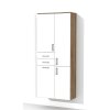 Vysoká, závěsná koupelnová skříňka K39 s košem na prádlo v dekoru dub sonoma tmavý s bílými lesklými dvířky