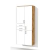 Vysoká, závěsná koupelnová skříňka K39 s košem na prádlo v dekoru dub wotan s bílými lesklými dvířky