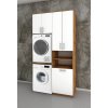 Vysoká koupelnová skříňka na pračku a sušičku s košem na prádlo K45 v dekoru dub wotan s bílými dveřmi