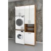 Vysoká koupelnová skříňka na pračku a sušičku s košem na prádlo K45 v dekoru dub wotan s bílými dveřmi v lesku