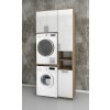 Vysoká koupelnová skříňka na pračku a sušičku s košem na prádlo K46 v dekoru dub sonoma tmavý s bílými dveřmi v lesku