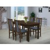 Jídelní set pro 4 osoby se stolem 120x80 cm a židlemi v dekoru orech židle sv. modré